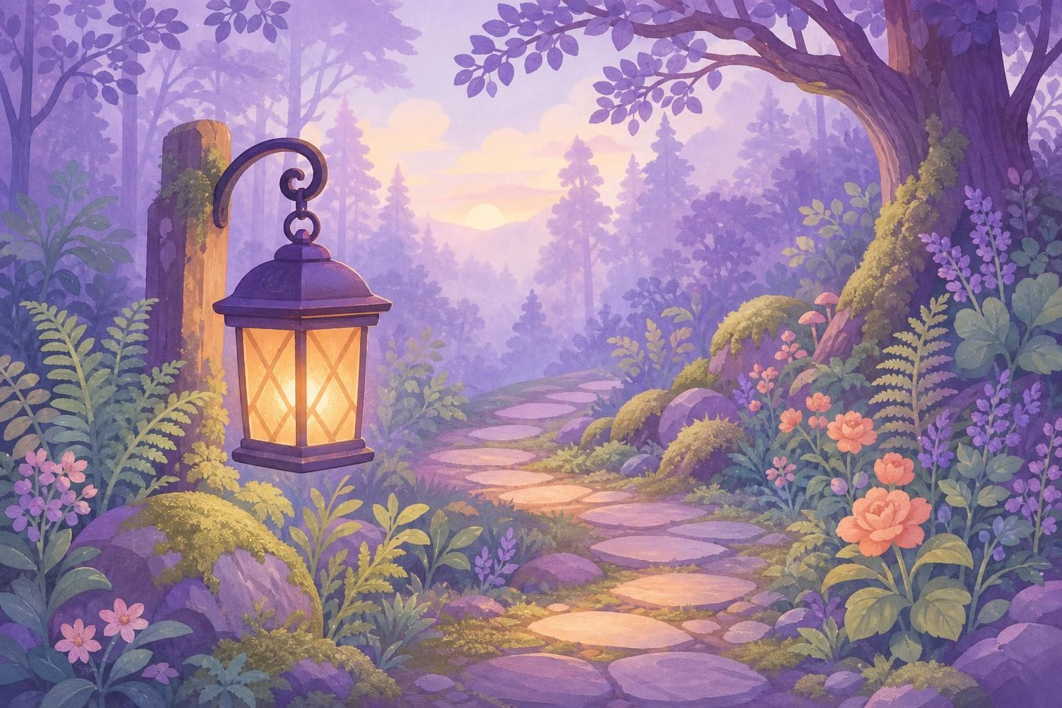 Farol de luz cálida en un sendero de bosque cubierto de niebla al amanecer (imagen generada con AI)