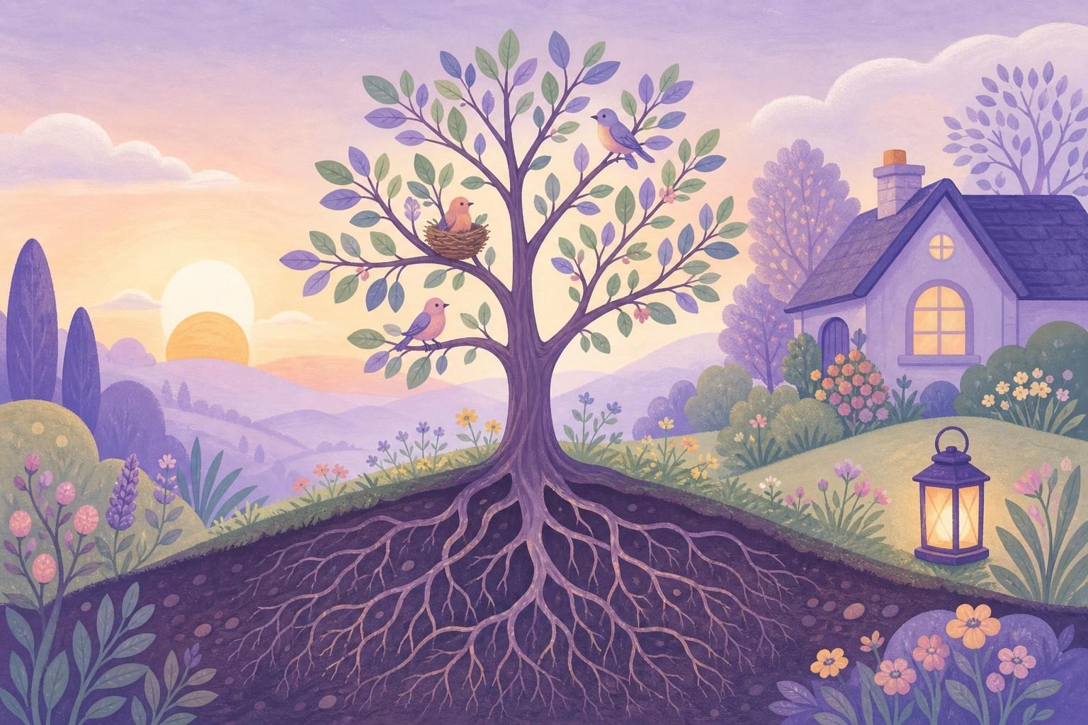 Árbol joven en una colina con las raíces a la vista, pájaros y amanecer (imagen generada con AI)