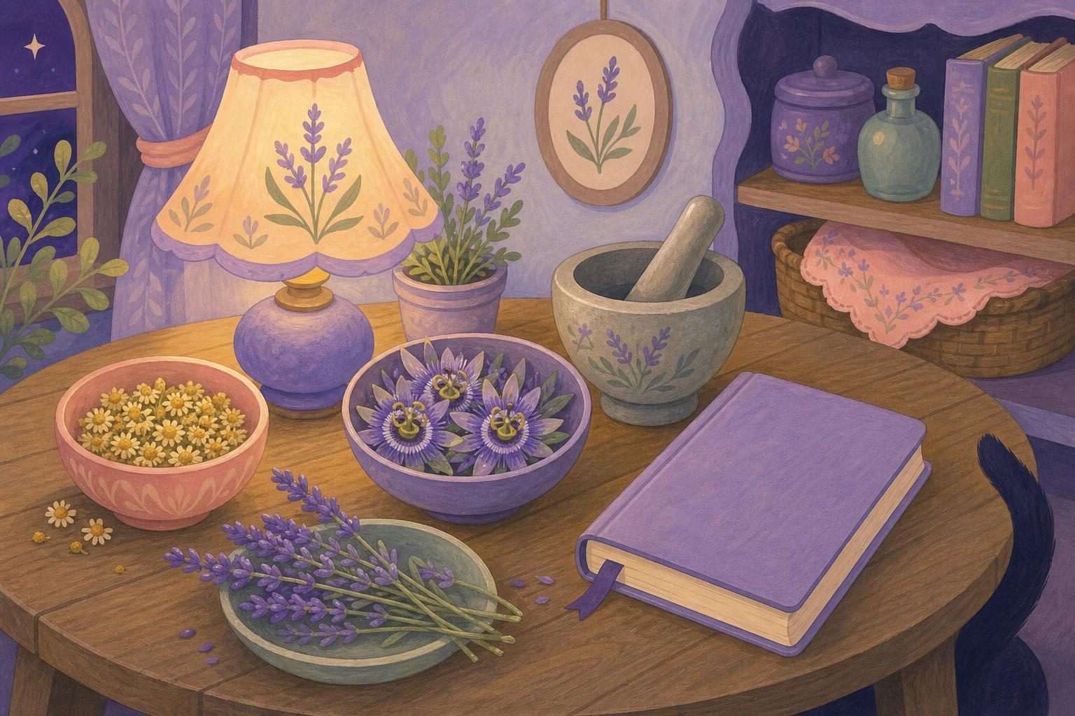 Mesa de madera con cuencos de manzanilla seca, flores de pasiflora, ramitas de lavanda, un mortero y una libreta en blanco (imagen generada con AI)