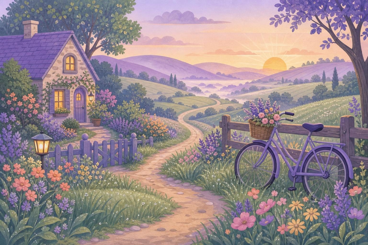 Sendero de tierra entre prados de flores por la mañana, con una bicicleta apoyada en una valla de madera (imagen generada con AI)