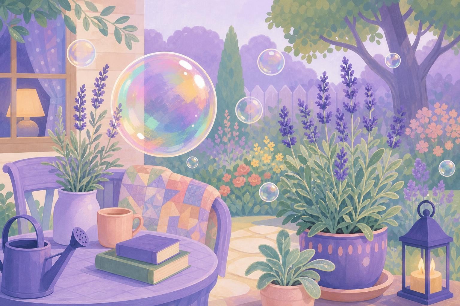 Pompas de jabón flotando sobre un jardín soleado con matas de salvia (imagen generada con AI)