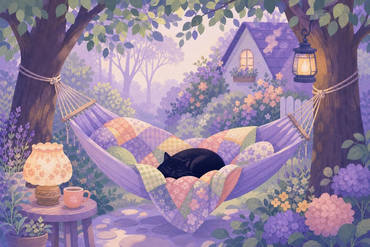 Hamaca vacía entre dos árboles con una colcha y un gato negro enroscado dentro (imagen generada con AI)