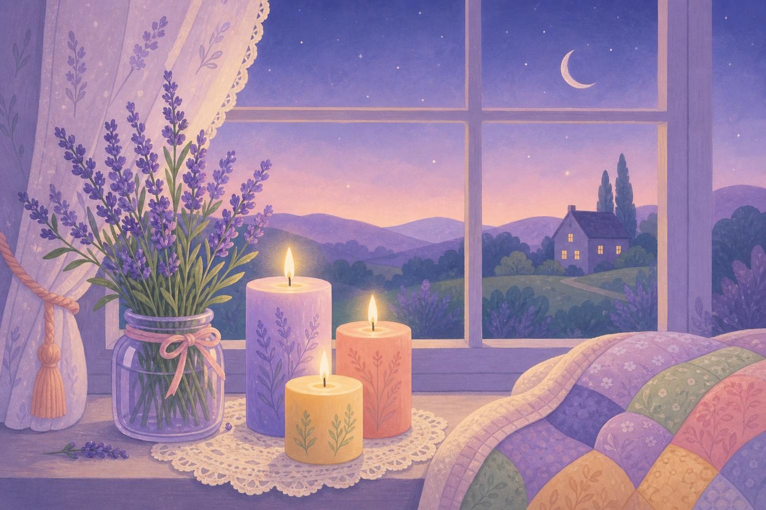 Tres velas con llamas quietas en un alféizar al atardecer y lavanda en un tarro (imagen generada con AI)