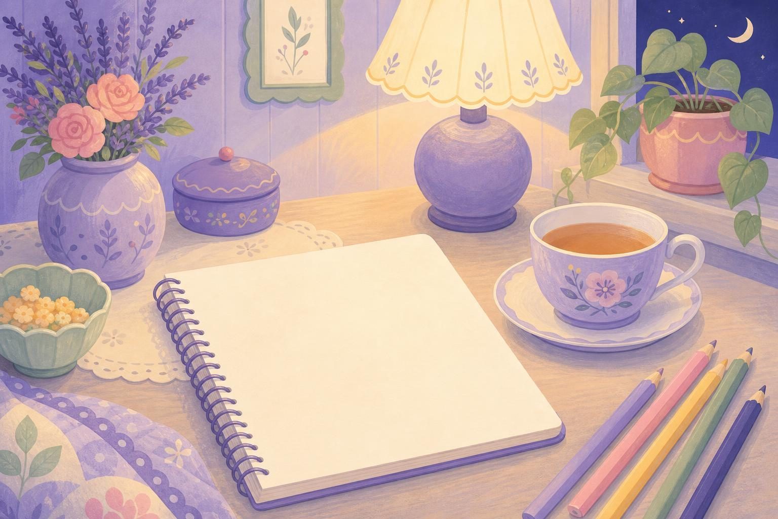 Libreta de espiral con páginas en blanco, lápices de colores y una taza de té (imagen generada con AI)
