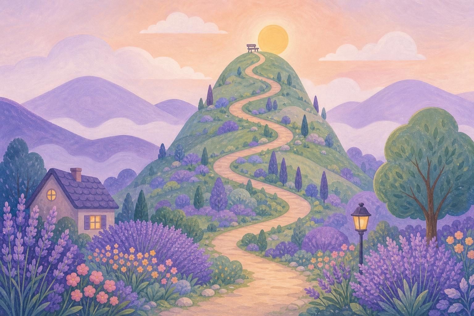 Montaña suave con un sendero que serpentea hasta una cima soleada entre colinas lavanda (imagen generada con AI)
