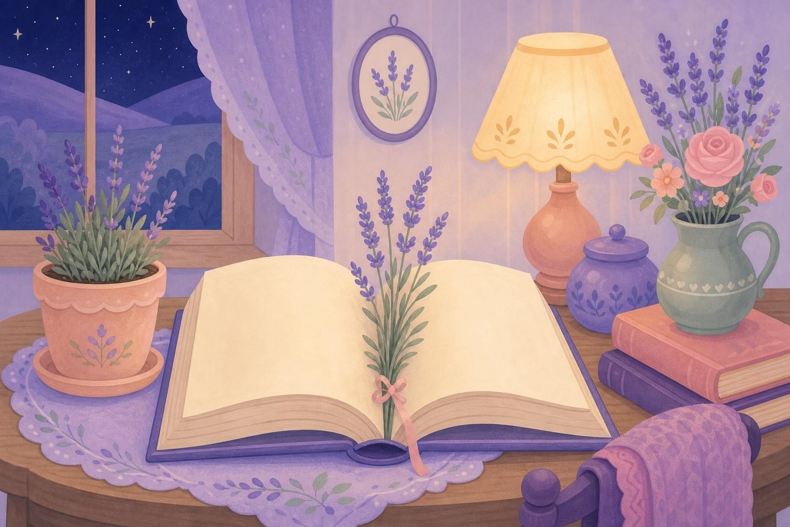 Libro abierto de páginas en blanco con una ramita de lavanda brotando entre sus hojas (imagen generada con AI)
