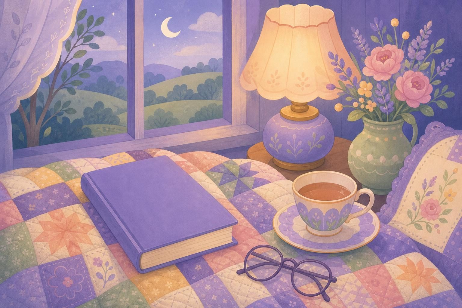 Libro cerrado, taza de té y gafas de lectura sobre una colcha junto a la ventana (imagen generada con AI)