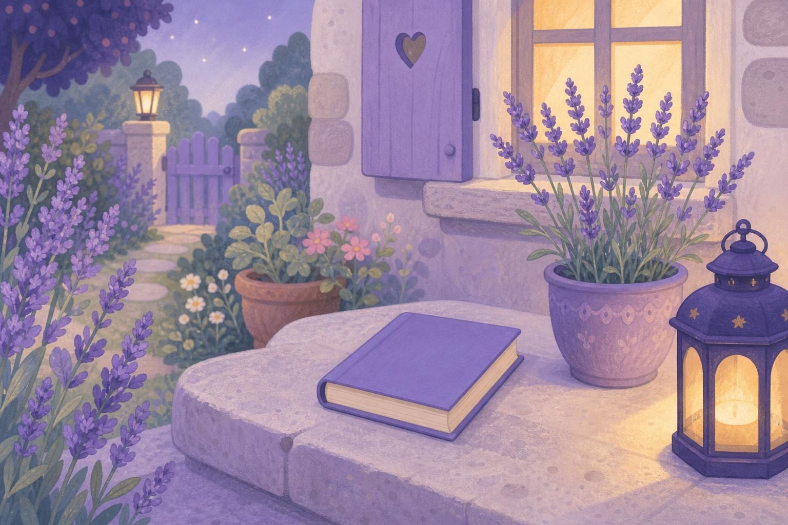 Libro pequeño cerrado de cubierta lisa sobre un escalón de piedra en un jardín con lavanda (imagen generada con AI)