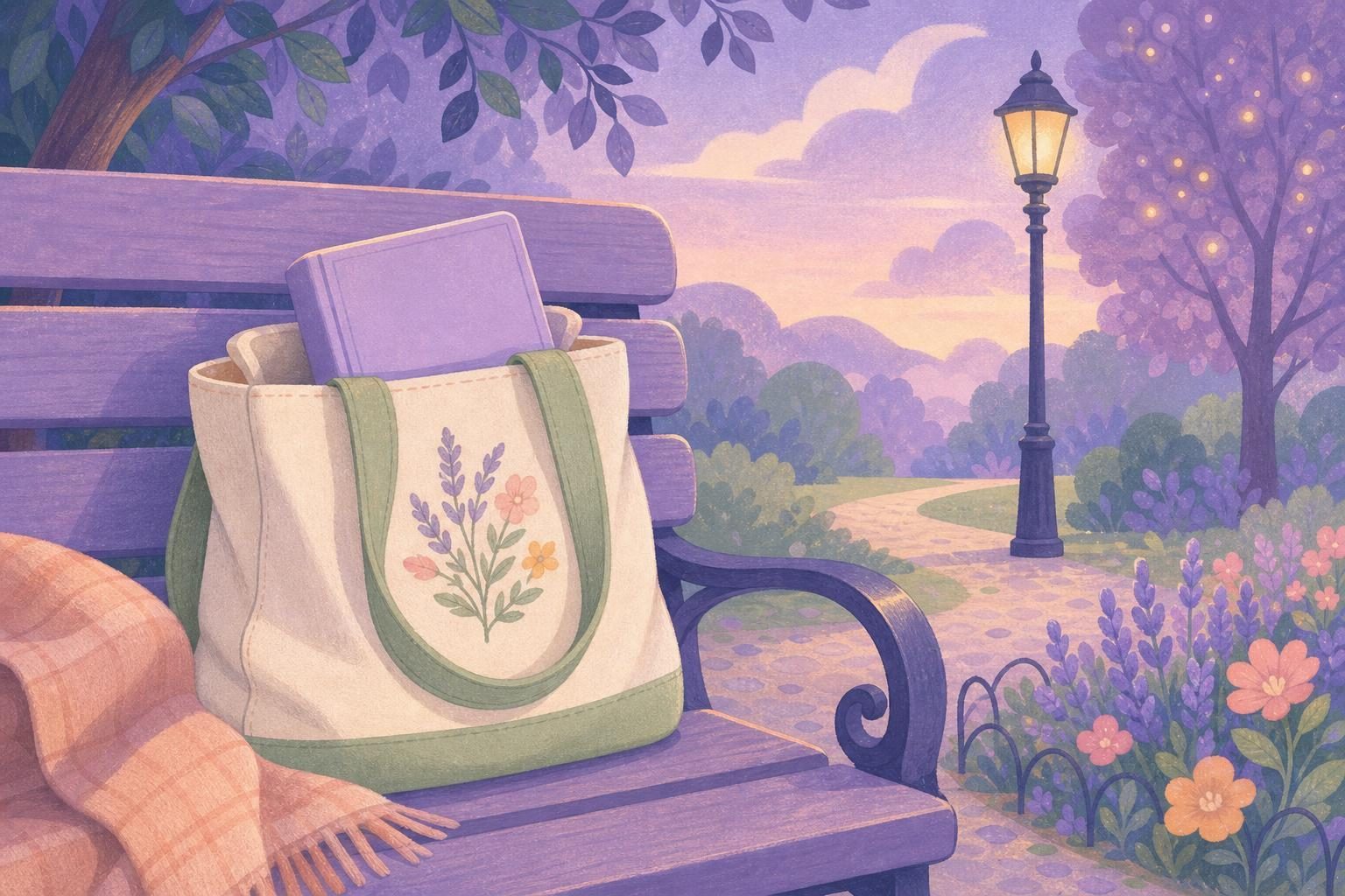 Libro de bolsillo asomando de una bolsa de tela sobre un banco del parque (imagen generada con AI)
