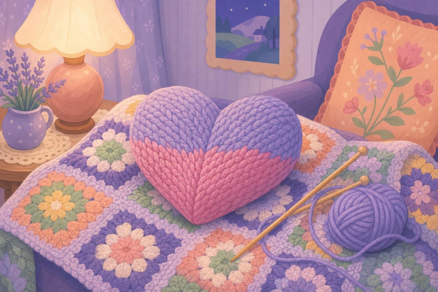 Corazón de lana tejido sobre una manta de ganchillo, con dos agujas al lado (imagen generada con AI)