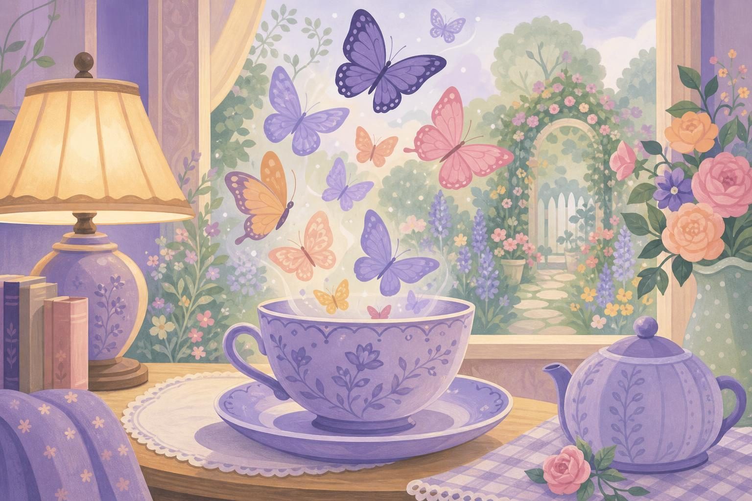 Mariposas saliendo de una taza de té lavanda con un jardín florido al fondo (imagen generada con AI)