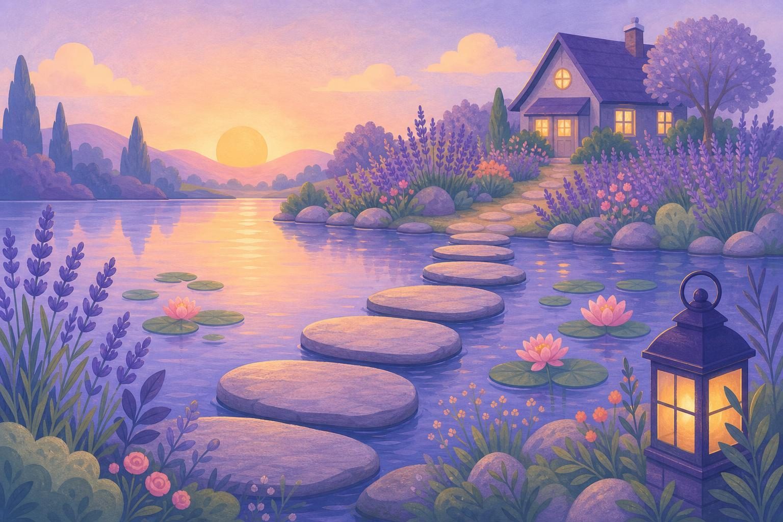 Piedras planas que cruzan un estanque con nenúfares hacia una orilla con flores de lavanda, al atardecer (imagen generada con AI)