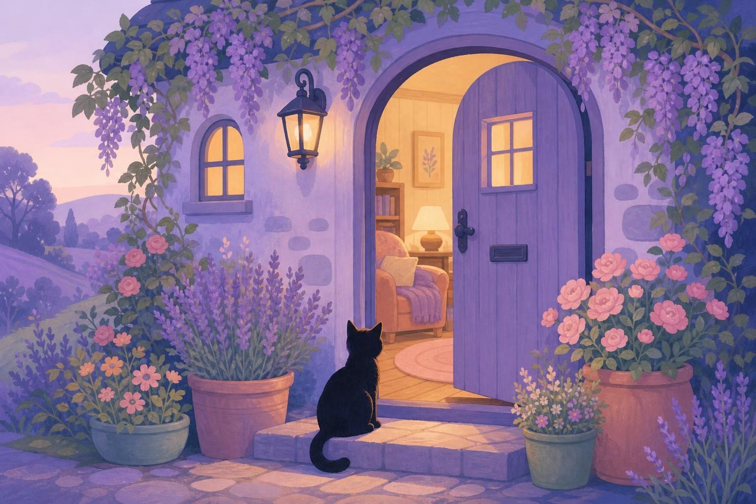 Puerta de una casita abierta al anochecer con luz cálida en el interior y un gato negro sentado en el umbral (imagen generada con AI)
