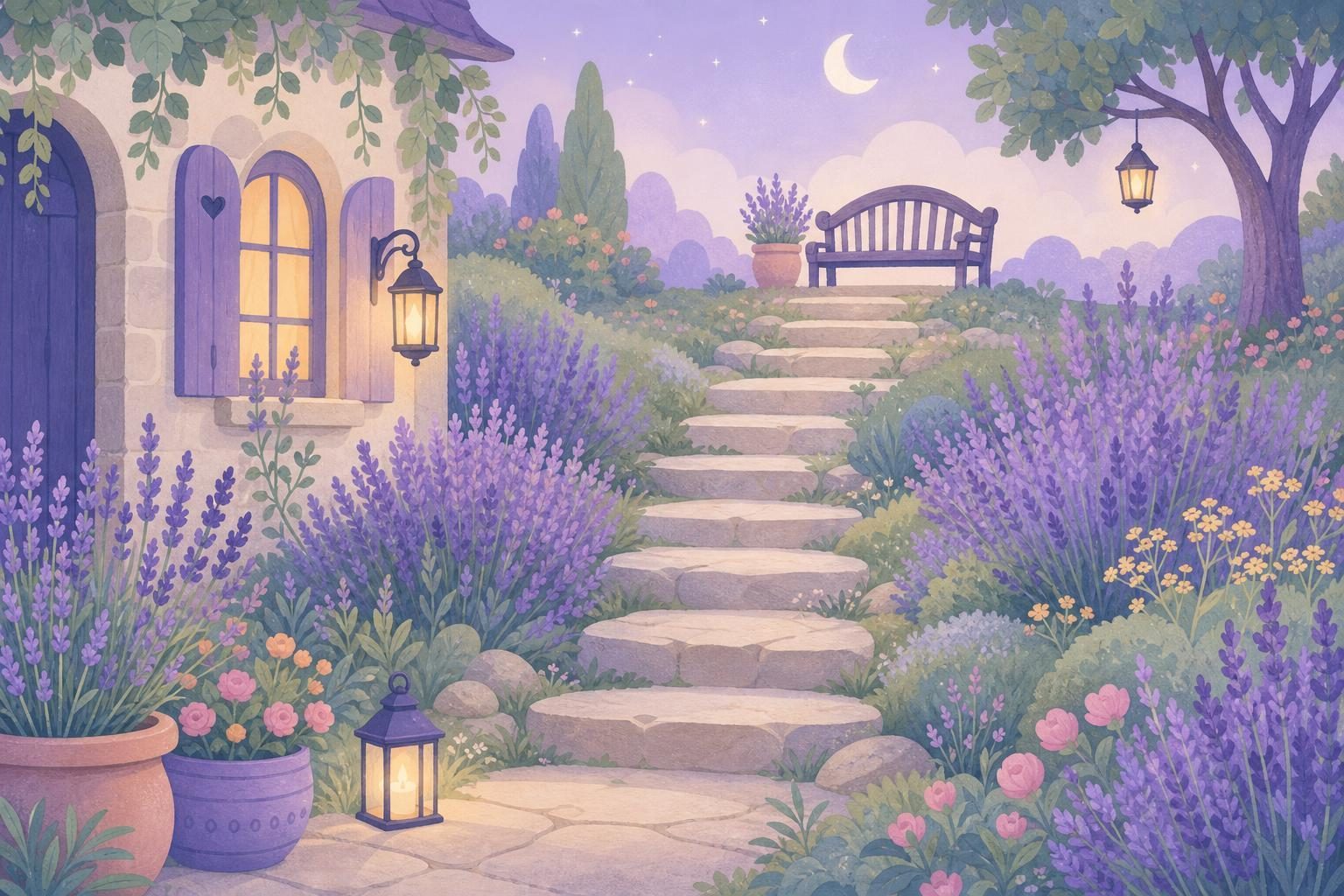 Escalones de piedra que suben una colina de jardín entre lavanda, con un banco arriba (imagen generada con AI)
