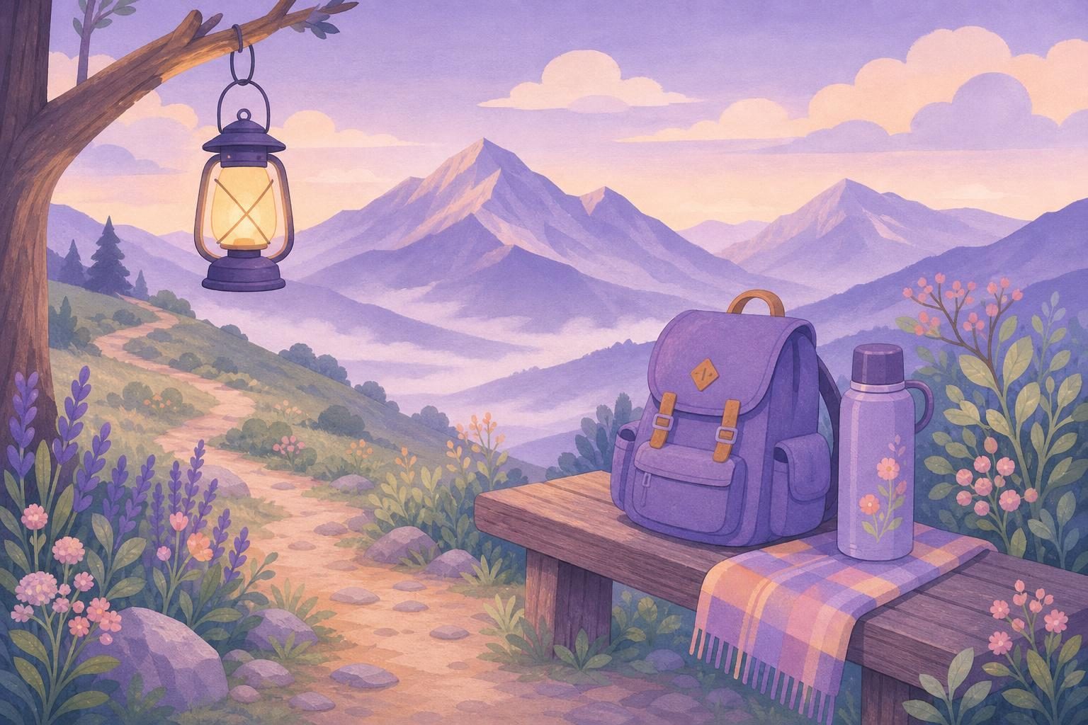 Mochila y termo apoyados en un banco junto a un sendero de montaña (imagen generada con AI)
