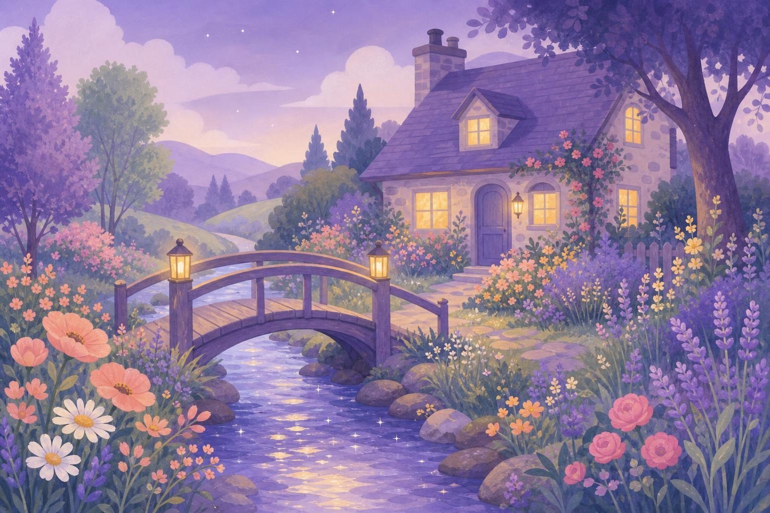 Pequeño puente de madera sobre un arroyo brillante rodeado de flores silvestres (imagen generada con AI)