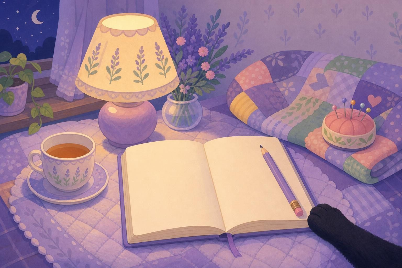 Cuaderno abierto en blanco, lápiz, taza de té y la pata de un gato negro (imagen generada con AI)