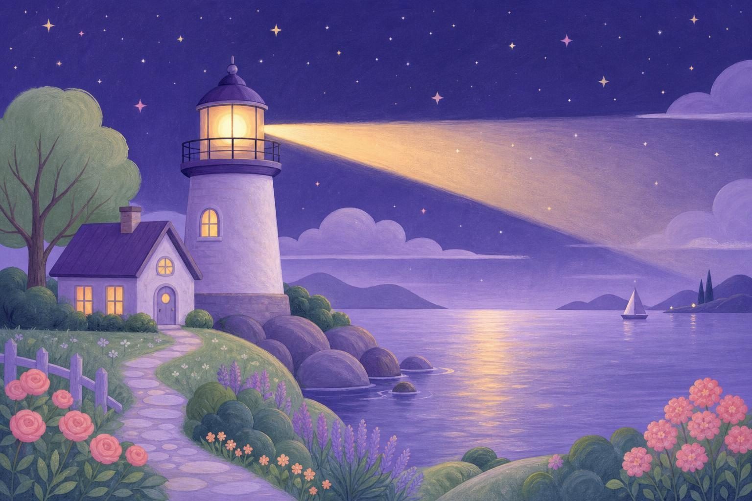 Pequeño faro de noche con un haz de luz cálida sobre el agua en calma (imagen generada con AI)