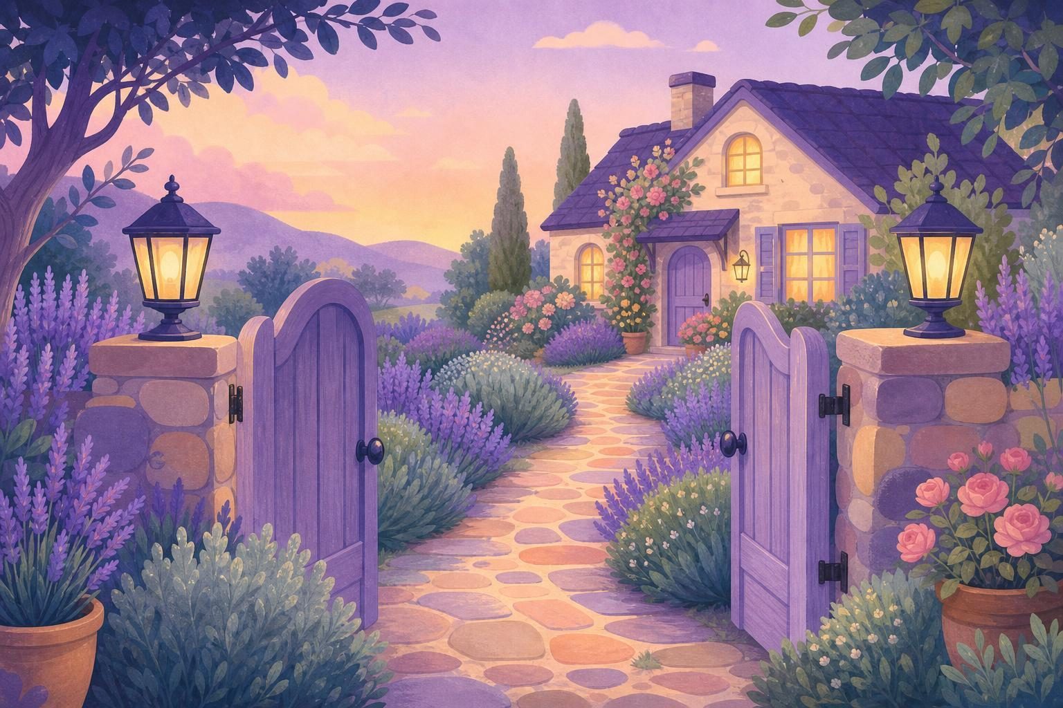 Puerta de jardín de madera abierta a un sendero soleado entre lavanda y salvia (imagen generada con AI)
