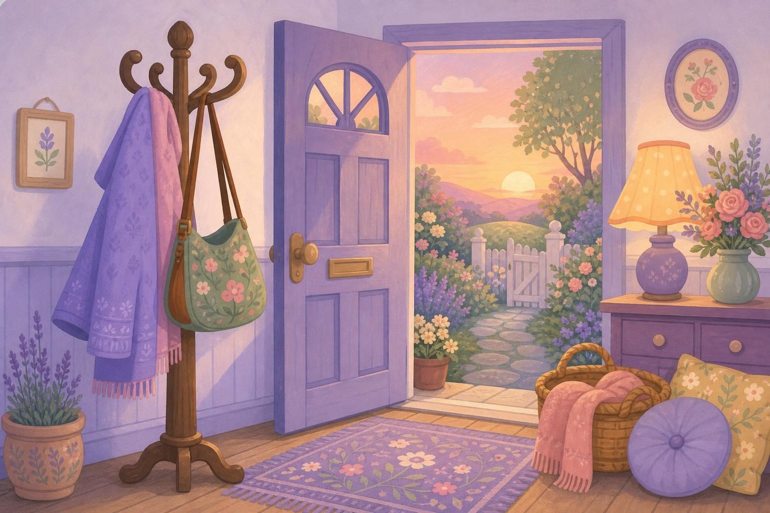 Perchero con un abrigo y un bolso colgados junto a una puerta abierta a un jardín al atardecer (imagen generada con AI)