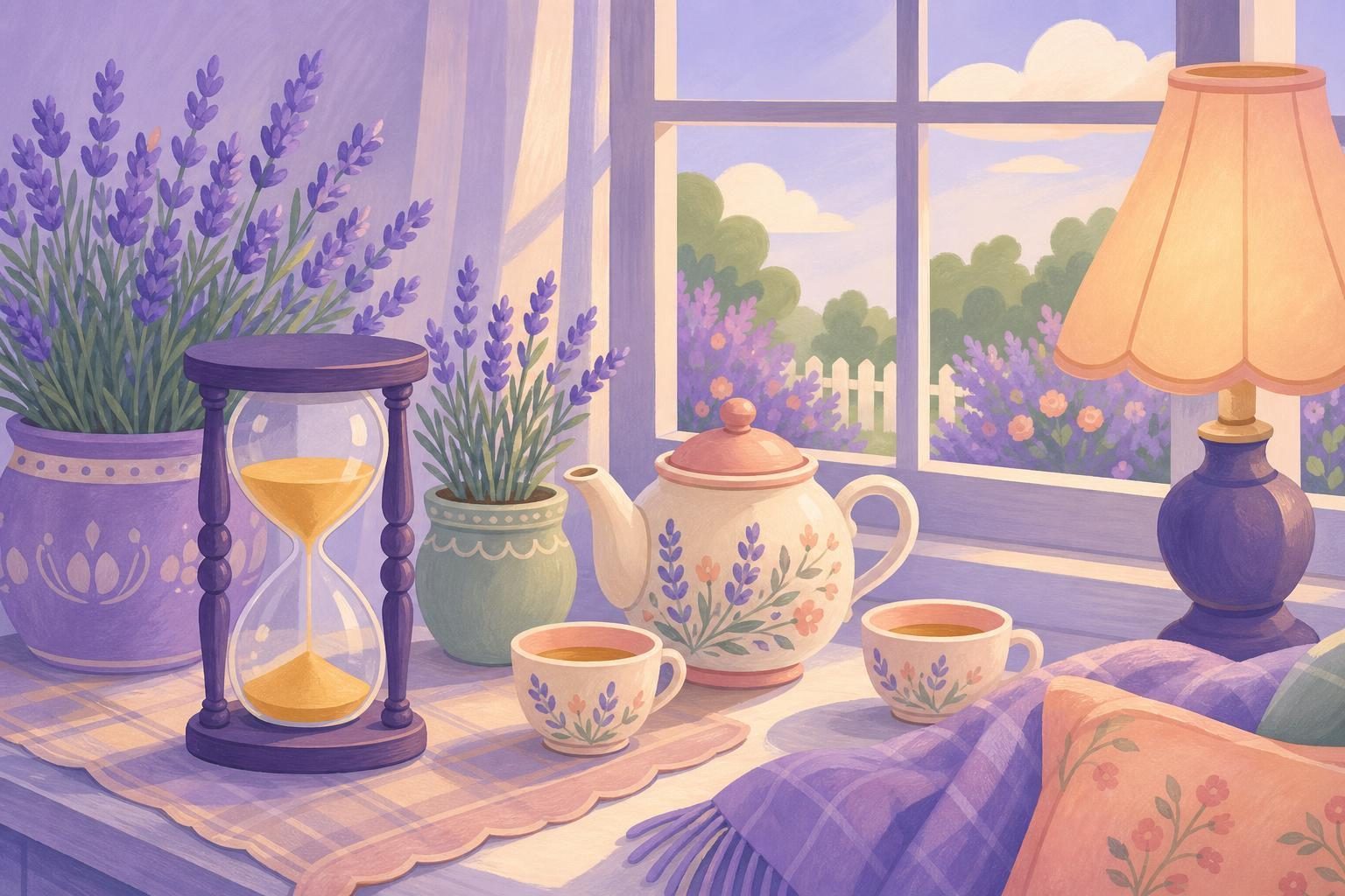 Reloj de arena y una tetera con dos tazas en el alféizar de una ventana, con macetas de lavanda y luz de media tarde (imagen generada con AI)